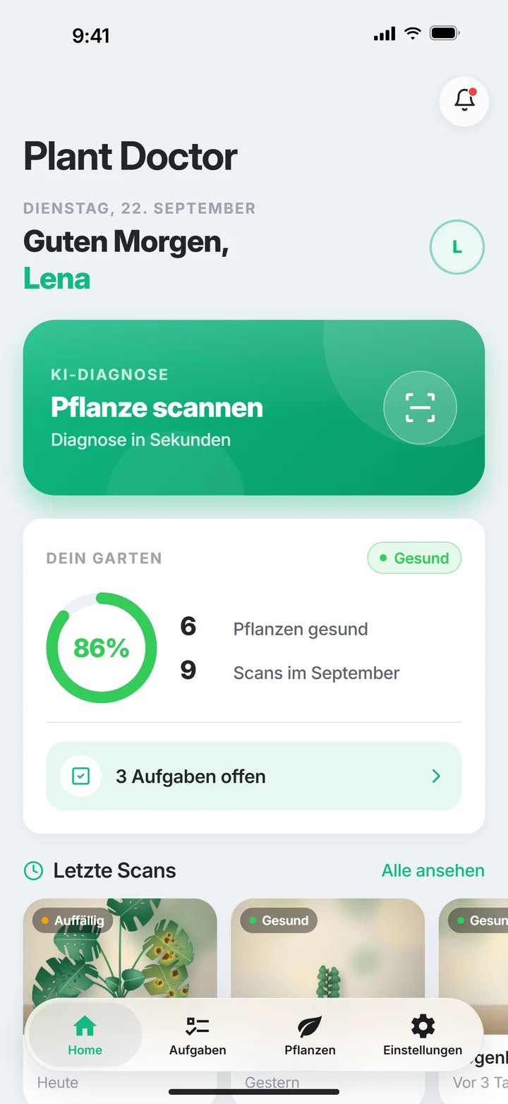 Die PlantDoctor-Startseite mit Pflanzenscan, eigenem Garten und Pflegeaufgaben.